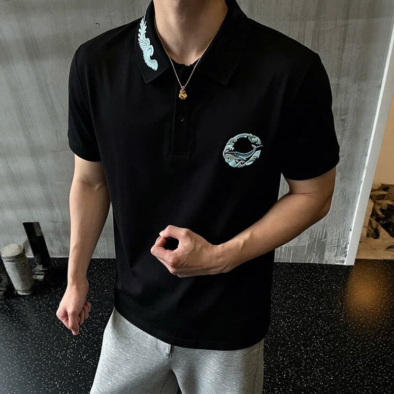 경관 그림 210 그램 눈꽃 구슬 그라운드 반팔 티셔츠 남녀 커플룩 여름 새로운 자수 POLO 칼라 맨위 상세 이미지 3