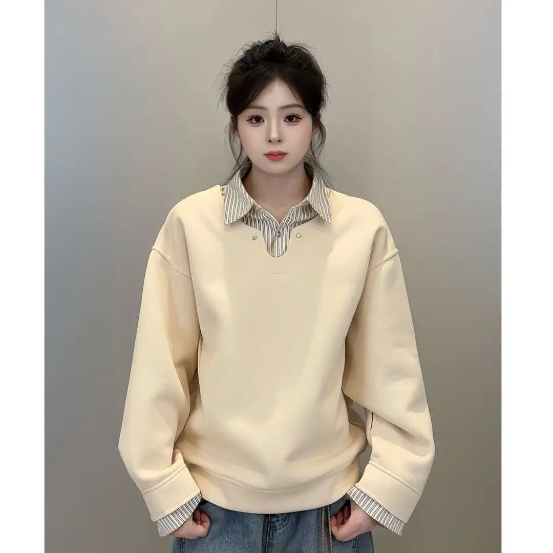 경관 그림 얇은 스타일 조수 브랜드 남녀 커플 후드티 봄 가을 새로운 패치워크 페이크 레이어드 스트라이프 셔츠 칼라 맨위 이미지 4