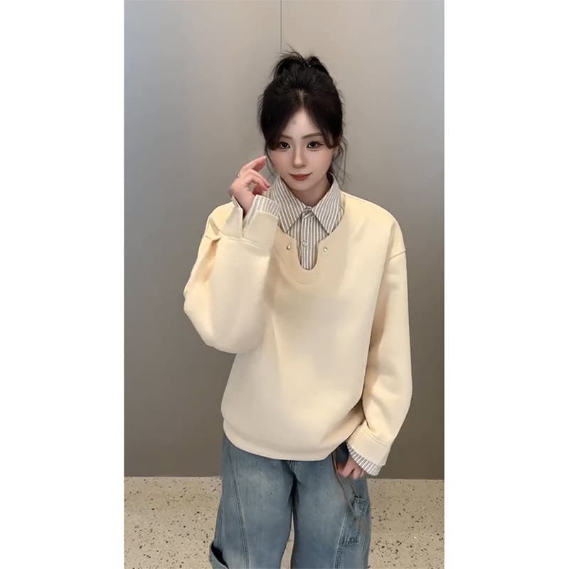 경관 그림 얇은 스타일 조수 브랜드 남녀 커플 후드티 봄 가을 새로운 패치워크 페이크 레이어드 스트라이프 셔츠 칼라 맨위 이미지 2