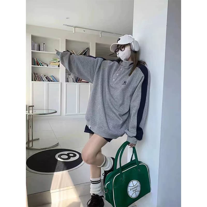 경관 그림 순수한 Mianhua 면 복합 우유 실크 후드티 여성 2026 봄 가을 새로운 배색 얇은 스타일 자수 스탠드 칼라 맨위 이미지 2