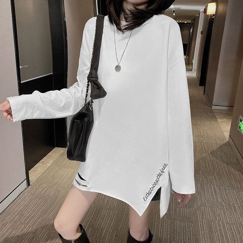 실사 이후 패키지 칼라 순면 긴팔 티셔츠 여자 중간 롱 코트 인사이드 가져 가라. 기본 셔츠 De 플러시 두꺼운 봄 가을 겨울 이미지 5