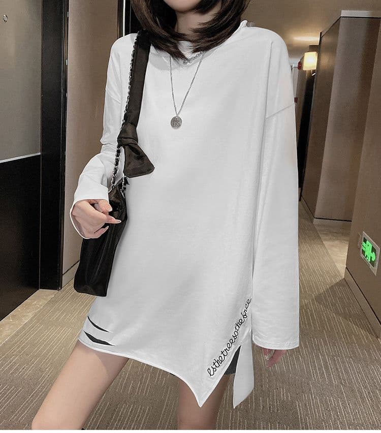 실사 이후 패키지 칼라 순면 긴팔 티셔츠 여자 중간 롱 코트 인사이드 가져 가라. 기본 셔츠 De 플러시 두꺼운 봄 가을 겨울 상세 이미지 8