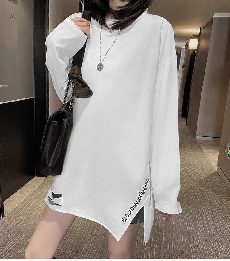 실사 이후 패키지 칼라 순면 긴팔 티셔츠 여자 중간 롱 코트 인사이드 가져 가라. 기본 셔츠 De 플러시 두꺼운 봄 가을 겨울 상세 이미지 9