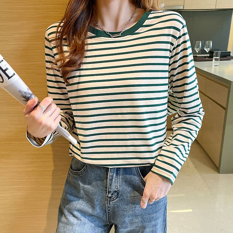 실사 이후 패키지 칼라 순면 티셔츠 여성 의류 긴팔 스트라이프 봄 가을 2026 년 새로운 루즈핏 기본 셔츠