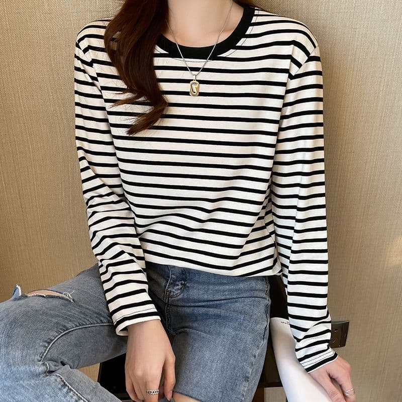 실사 이후 패키지 칼라 순면 티셔츠 여성 의류 긴팔 스트라이프 봄 가을 2026 년 새로운 루즈핏 기본 셔츠 이미지 2