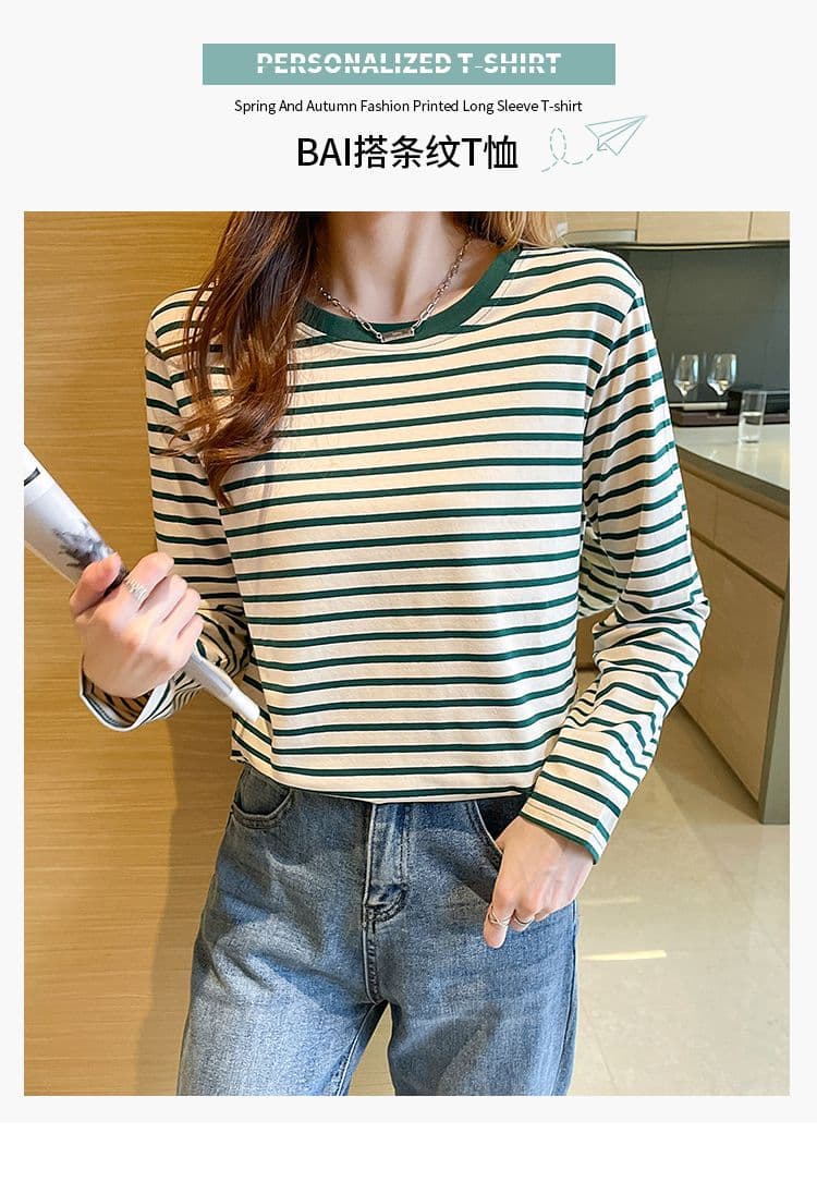 실사 이후 패키지 칼라 순면 티셔츠 여성 의류 긴팔 스트라이프 봄 가을 2026 년 새로운 루즈핏 기본 셔츠 상세 이미지 1