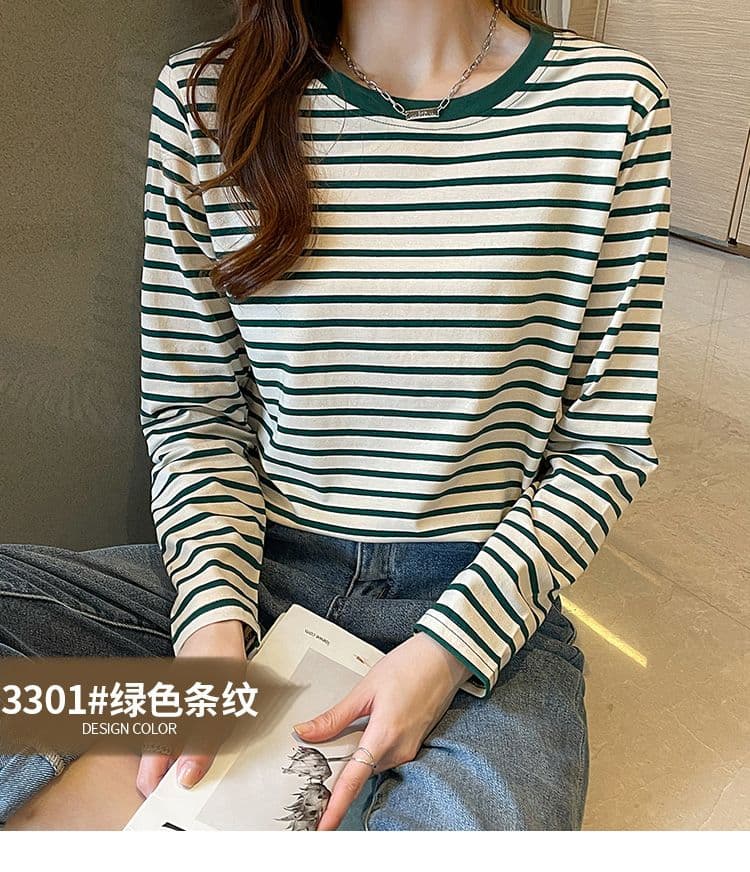 실사 이후 패키지 칼라 순면 티셔츠 여성 의류 긴팔 스트라이프 봄 가을 2026 년 새로운 루즈핏 기본 셔츠 상세 이미지 7