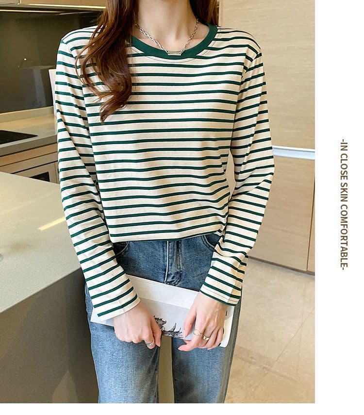 실사 이후 패키지 칼라 순면 티셔츠 여성 의류 긴팔 스트라이프 봄 가을 2026 년 새로운 루즈핏 기본 셔츠 상세 이미지 8