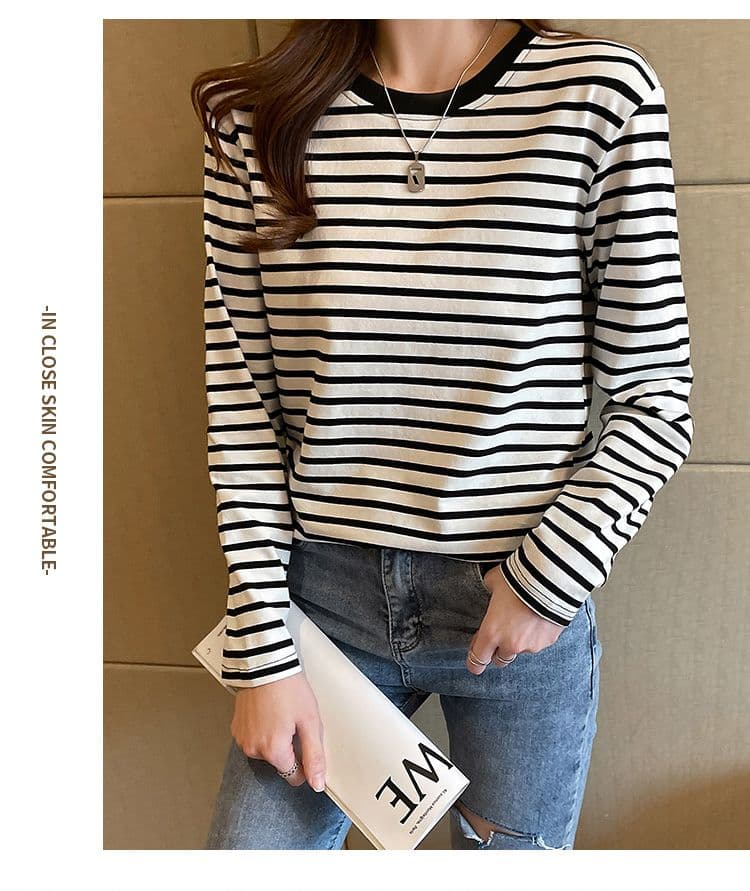 실사 이후 패키지 칼라 순면 티셔츠 여성 의류 긴팔 스트라이프 봄 가을 2026 년 새로운 루즈핏 기본 셔츠 상세 이미지 14