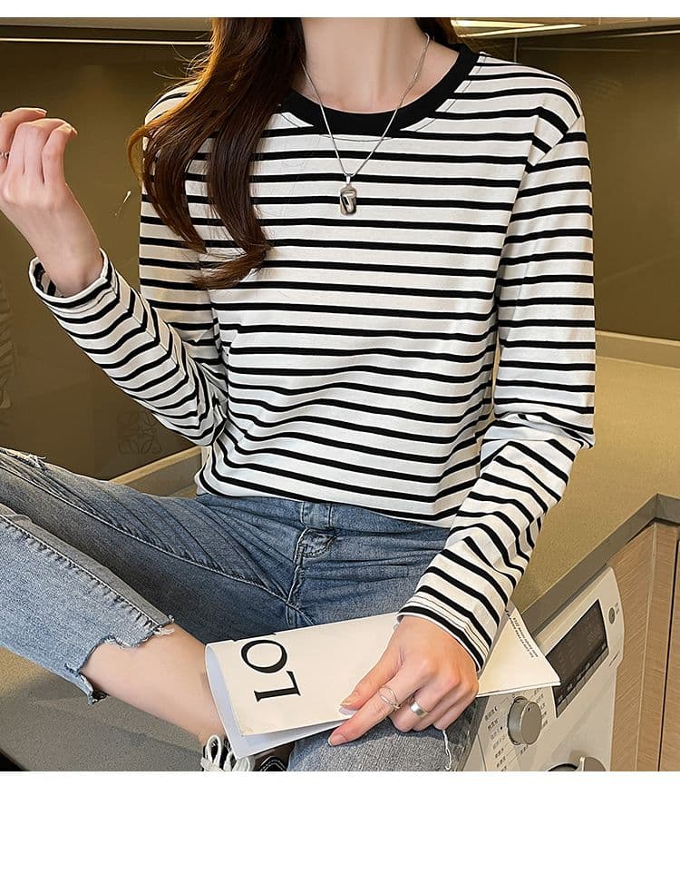 실사 이후 패키지 칼라 순면 티셔츠 여성 의류 긴팔 스트라이프 봄 가을 2026 년 새로운 루즈핏 기본 셔츠 상세 이미지 16