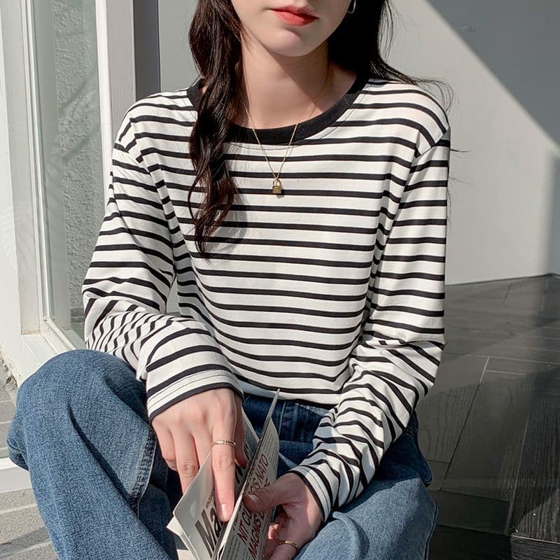 실사 이후 패키지 칼라 순면 티셔츠 여성 의류 긴팔 스트라이프 봄 가을 2026 년 새로운 루즈핏 기본 셔츠 이미지 3