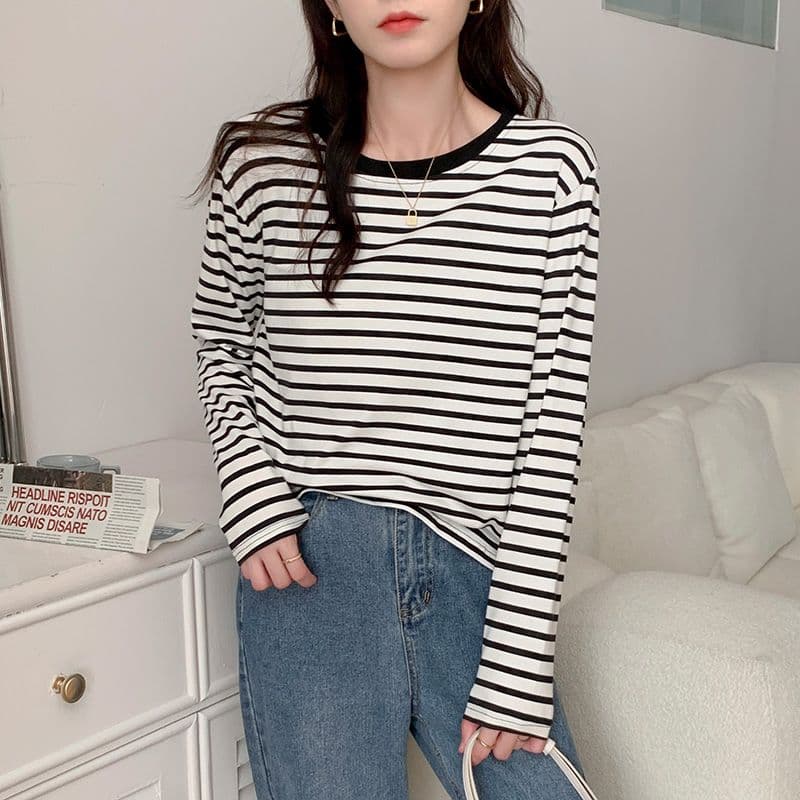 실사 이후 패키지 칼라 순면 티셔츠 여성 의류 긴팔 스트라이프 봄 가을 2026 년 새로운 루즈핏 기본 셔츠
