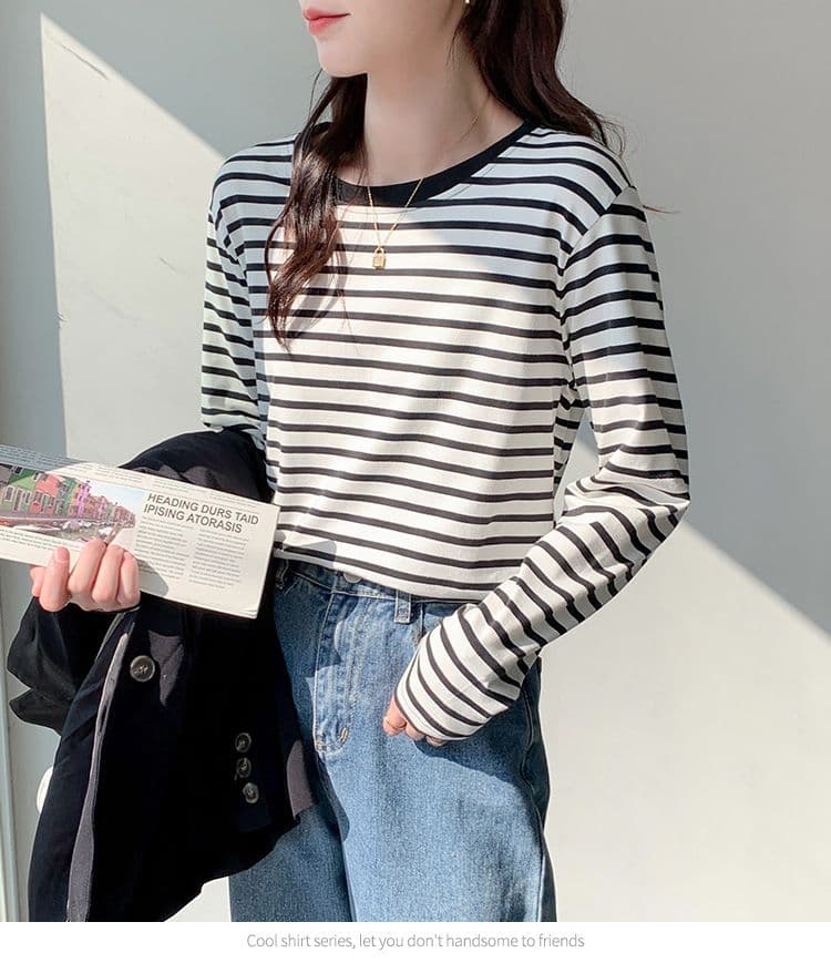 실사 이후 패키지 칼라 순면 티셔츠 여성 의류 긴팔 스트라이프 봄 가을 2026 년 새로운 루즈핏 기본 셔츠 상세 이미지 8