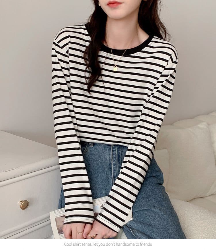실사 이후 패키지 칼라 순면 티셔츠 여성 의류 긴팔 스트라이프 봄 가을 2026 년 새로운 루즈핏 기본 셔츠 상세 이미지 10