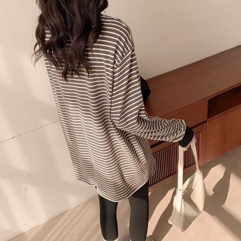 실사 이후 패키지 칼라 순면 스트라이프 후드티 긴팔 티셔츠 기본 셔츠 여성 봄 가을 중간 길이 맨위 이미지 3