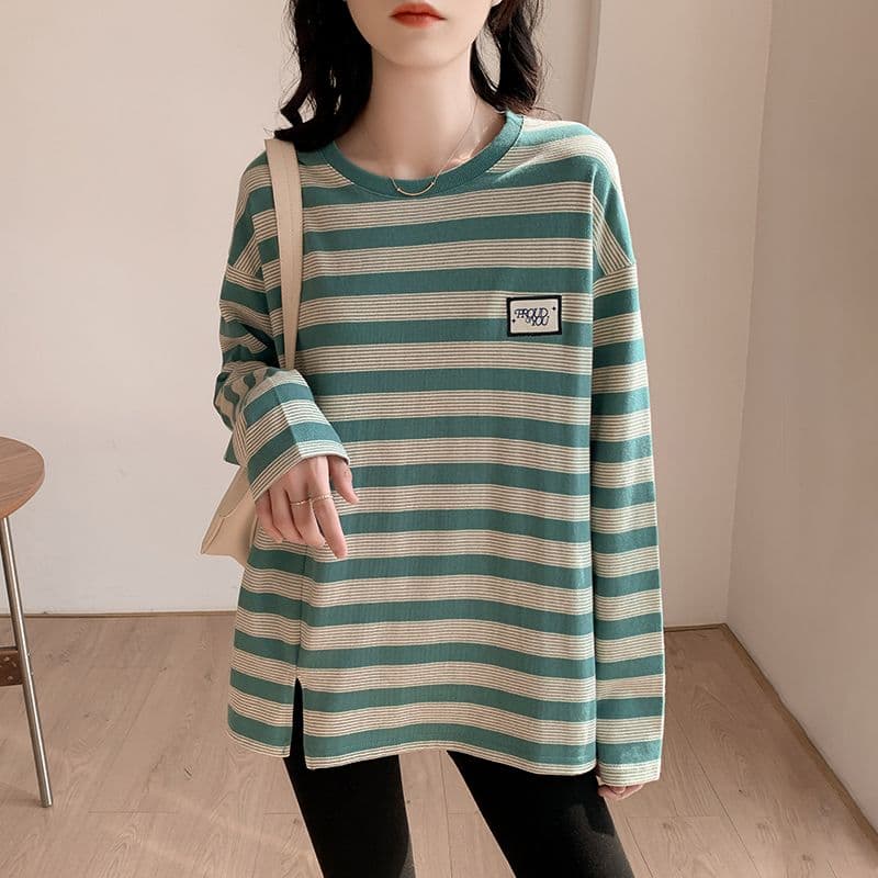 실사 이후 패키지 칼라 240 그램 순면 스트라이프 후드티 긴팔 티셔츠 기본 셔츠 여성 봄 가을 맨위 이미지 2