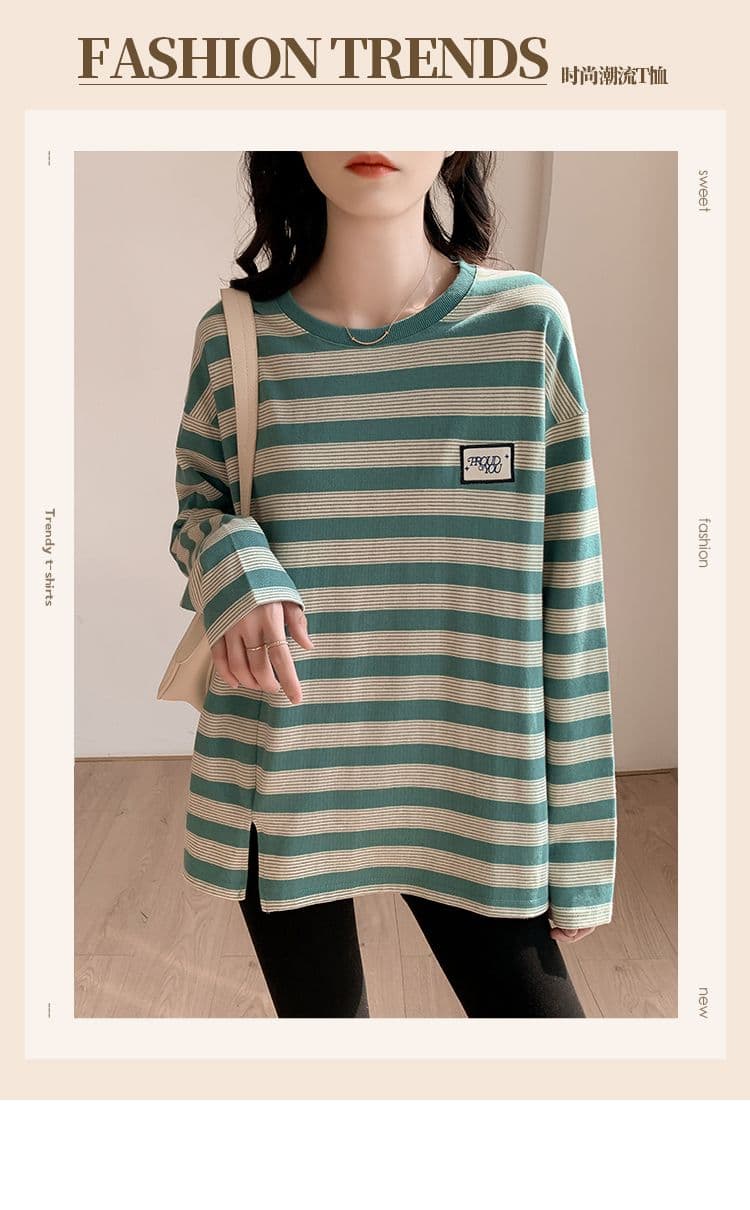 실사 이후 패키지 칼라 240 그램 순면 스트라이프 후드티 긴팔 티셔츠 기본 셔츠 여성 봄 가을 맨위 상세 이미지 1