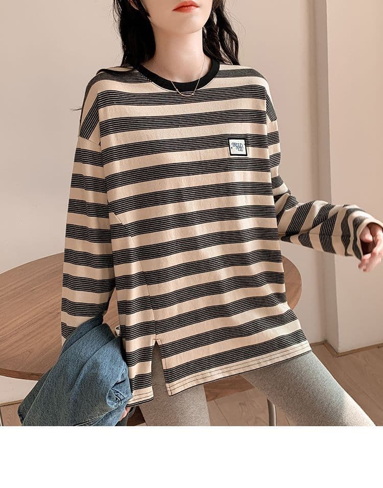 실사 이후 패키지 칼라 240 그램 순면 스트라이프 후드티 긴팔 티셔츠 기본 셔츠 여성 봄 가을 맨위 상세 이미지 12