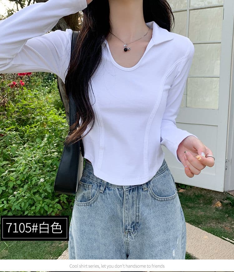 실사 260 그램 모달 리브 긴팔 티셔츠 여성 의류 맨위 봄 가을 POLO 칼라 쇼트 스타일 기본 셔츠 상세 이미지 10