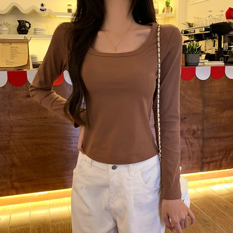 실사 210 그램 순면 리브 u 칼라 긴팔 티셔츠 여성 짧은 광장 칼라 기본 셔츠 라이트 보드 공란 에디션 이미지 4