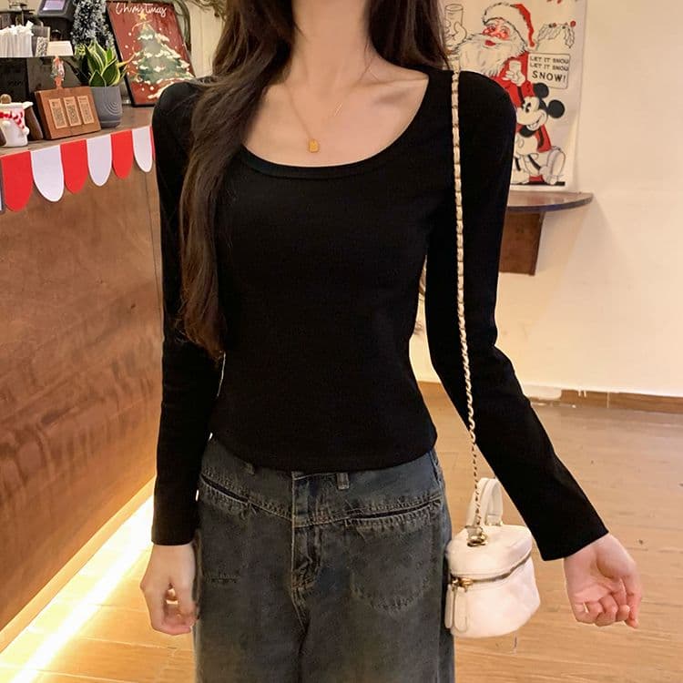 실사 210 그램 순면 리브 u 칼라 긴팔 티셔츠 여성 짧은 광장 칼라 기본 셔츠 라이트 보드 공란 에디션 상세 이미지 8