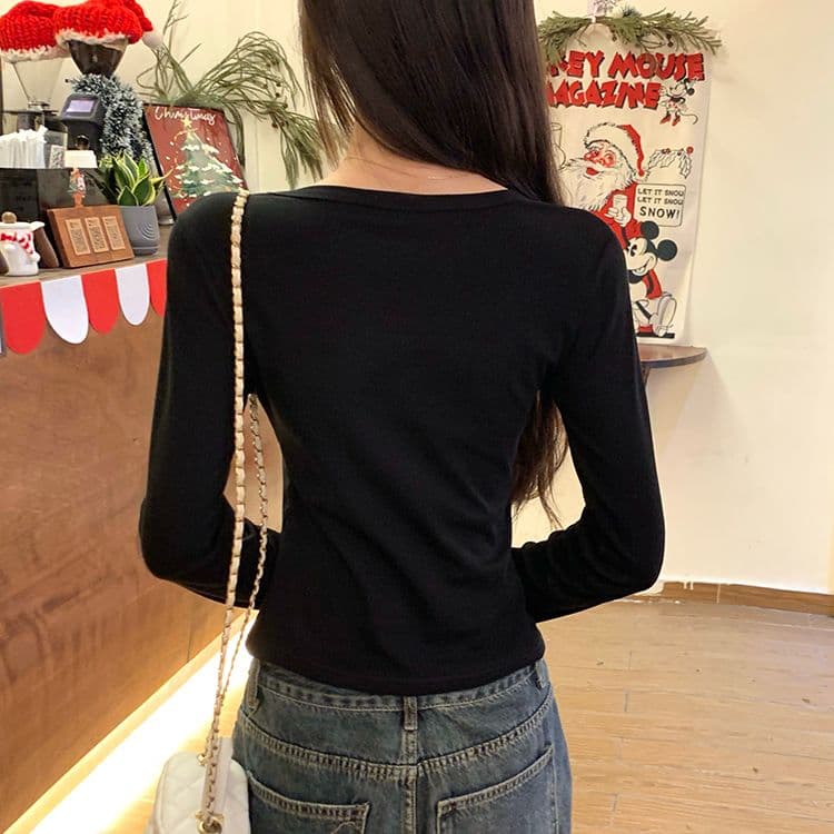 실사 210 그램 순면 리브 u 칼라 긴팔 티셔츠 여성 짧은 광장 칼라 기본 셔츠 라이트 보드 공란 에디션 상세 이미지 10