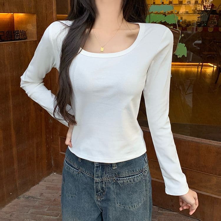 실사 210 그램 순면 리브 u 칼라 긴팔 티셔츠 여성 짧은 광장 칼라 기본 셔츠 라이트 보드 공란 에디션 상세 이미지 15