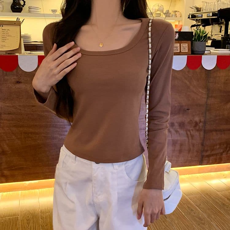 실사 210 그램 순면 리브 u 칼라 긴팔 티셔츠 여성 짧은 광장 칼라 기본 셔츠 라이트 보드 공란 에디션 상세 이미지 20