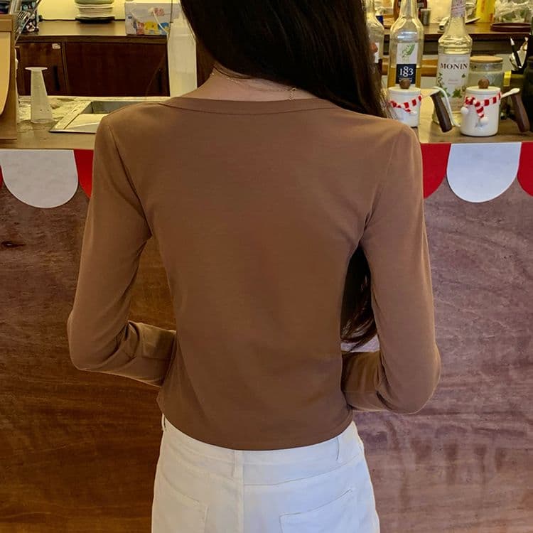 실사 210 그램 순면 리브 u 칼라 긴팔 티셔츠 여성 짧은 광장 칼라 기본 셔츠 라이트 보드 공란 에디션 상세 이미지 23