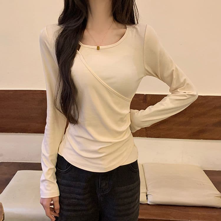실사 260 그램 모달 리브 긴팔 티셔츠 여성 의류 봄 가을 겨울 기본 셔츠 인사이드 가져 가라. 불규칙 상세 이미지 6