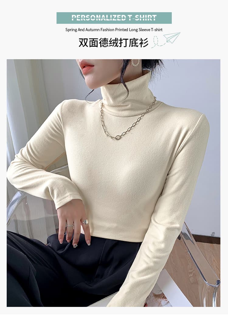 실사 리브 De 플러시 기본 셔츠 여성 인사이드 가져 가라. 가을 겨울 털이 있고 두꺼운 터틀넥 말뚝 더미 칼라 긴팔 티셔츠 상세 이미지 2