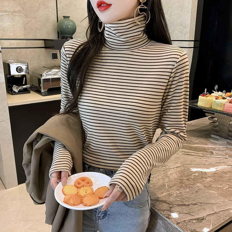 실사 스트라이프 리브 De 플러시 기본 셔츠 여성 인사이드 가져 가라. 가을 겨울 털이 있고 두꺼운 터틀넥 긴팔 티셔츠 이미지 2