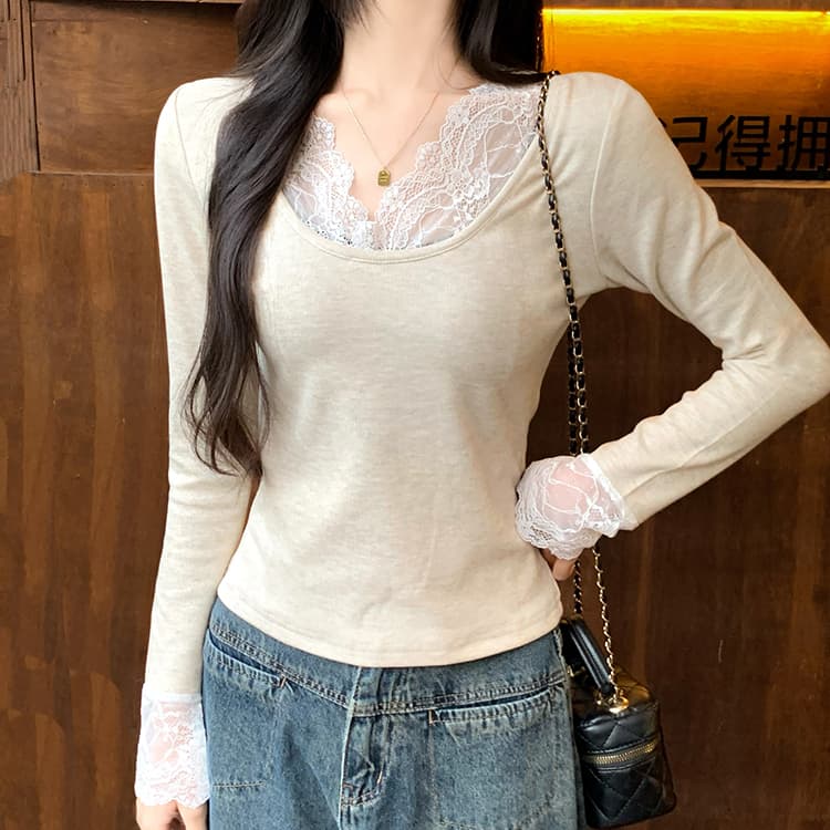 실사 280 그램 양 플러시 레이스 레이스 패치워크 기본 셔츠 여성 가을 겨울 긴팔 티셔츠 털이 있는 De 플러시 상세 이미지 8