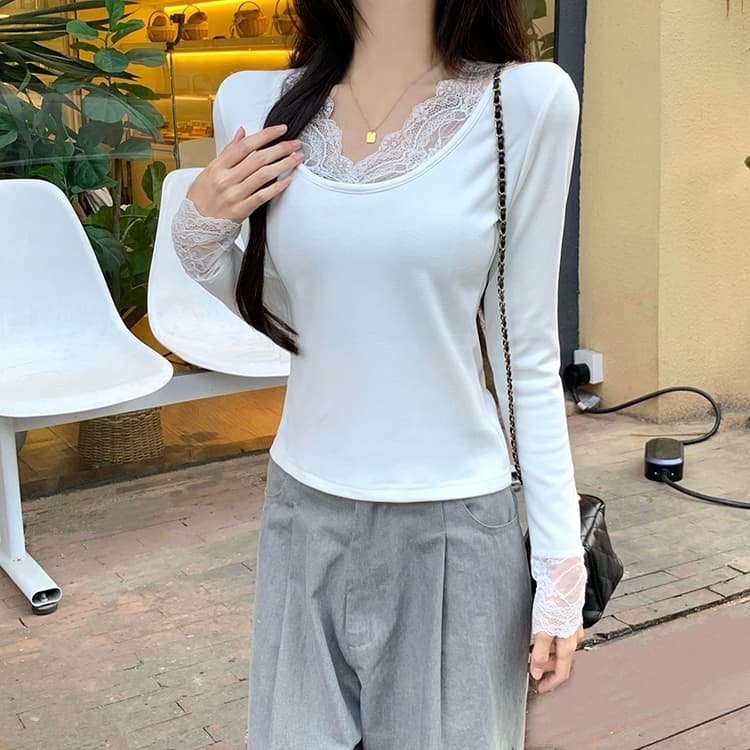 실사 280 그램 양 플러시 레이스 레이스 패치워크 기본 셔츠 여성 가을 겨울 긴팔 티셔츠 털이 있는 De 플러시 상세 이미지 20