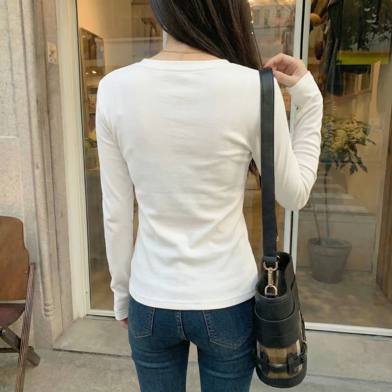 실사 280 그램 양 플러시 원본 헨리 칼라 털이 있는 긴팔 티셔츠 기본 셔츠 여성 인사이드 잡아라. 의류 상세 이미지 21