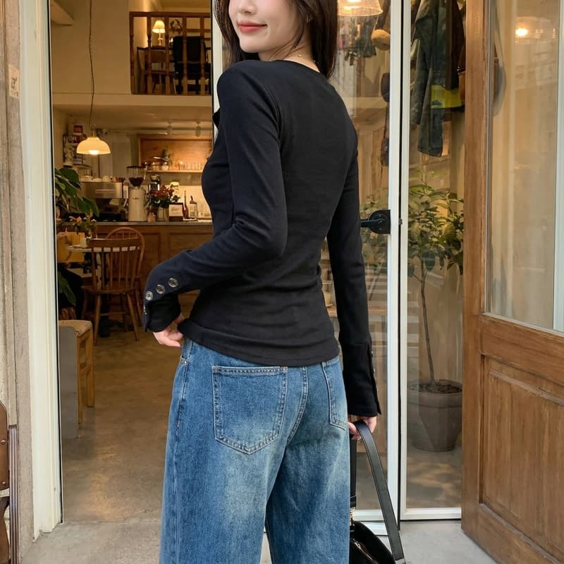 실사 원본 뮤 S 양모 280 그램 헨리 V넥 단추 긴팔 티셔츠 기본 셔츠 여성 가을 겨울 맨위 상세 이미지 21