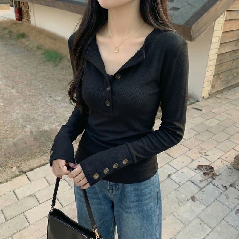 실사 원본 뮤 S 양모 280 그램 헨리 V넥 단추 긴팔 티셔츠 기본 셔츠 여성 가을 겨울 맨위 상세 이미지 22