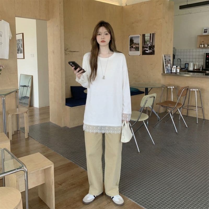 실사 280 그램 리브 De 플러시 레이스 기본 셔츠 여성 봄 가을 겨울 긴팔 티셔츠 중간 길이 털이 있는 상세 이미지 8