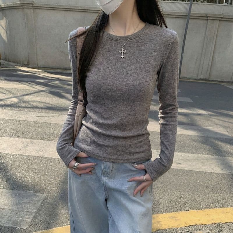 실사 280 그램 양 플러시 De 플러시 기본 셔츠 여성 봄 가을 겨울 긴팔 티셔츠 털이 있는 라운드 넥 긍정적 인 어깨 이미지 5