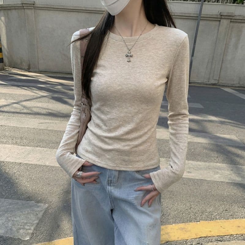 실사 280 그램 양 플러시 De 플러시 기본 셔츠 여성 봄 가을 겨울 긴팔 티셔츠 털이 있는 라운드 넥 긍정적 인 어깨 상세 이미지 4
