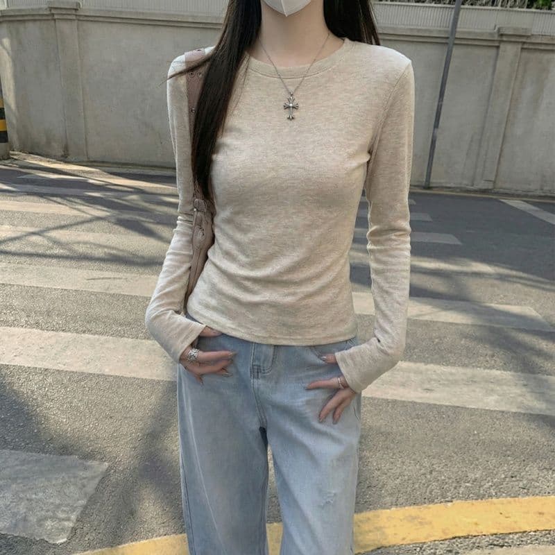 실사 280 그램 양 플러시 De 플러시 기본 셔츠 여성 봄 가을 겨울 긴팔 티셔츠 털이 있는 라운드 넥 긍정적 인 어깨 상세 이미지 5