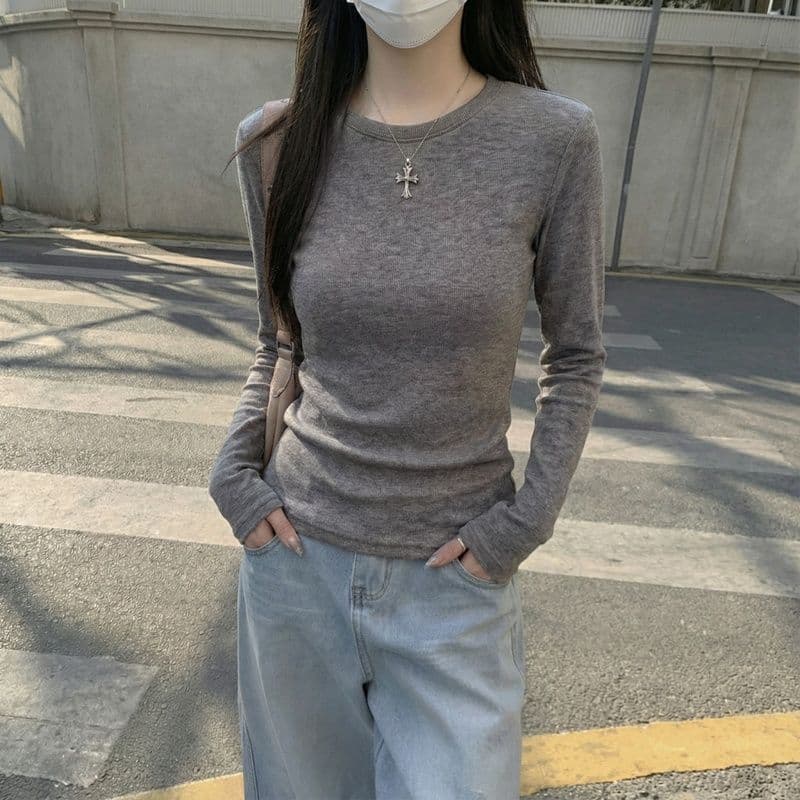 실사 280 그램 양 플러시 De 플러시 기본 셔츠 여성 봄 가을 겨울 긴팔 티셔츠 털이 있는 라운드 넥 긍정적 인 어깨 상세 이미지 10