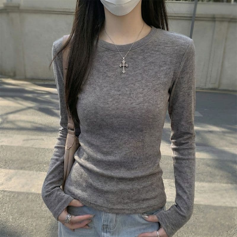 실사 280 그램 양 플러시 De 플러시 기본 셔츠 여성 봄 가을 겨울 긴팔 티셔츠 털이 있는 라운드 넥 긍정적 인 어깨 상세 이미지 12
