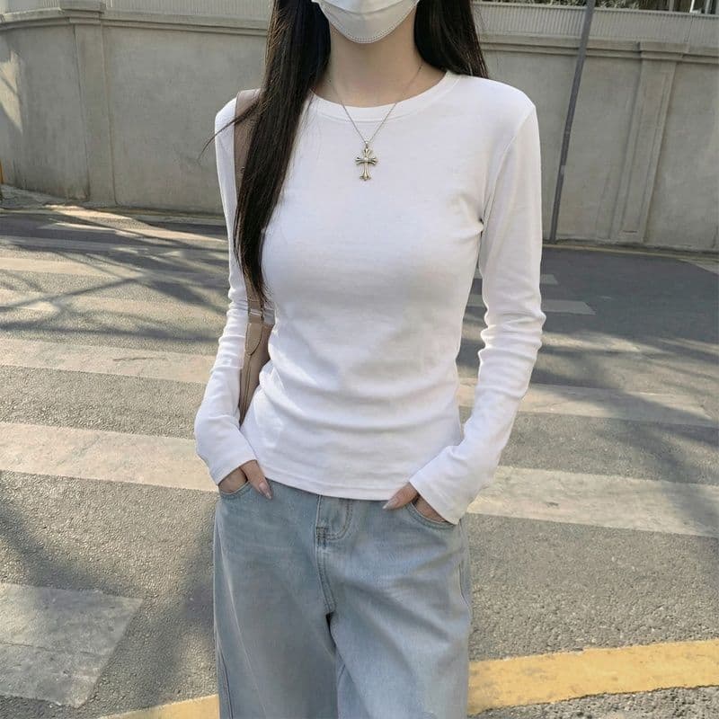 실사 280 그램 양 플러시 De 플러시 기본 셔츠 여성 봄 가을 겨울 긴팔 티셔츠 털이 있는 라운드 넥 긍정적 인 어깨 상세 이미지 16