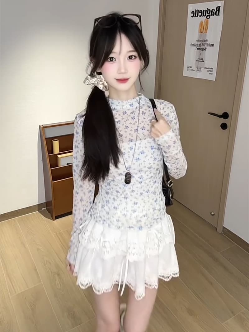 경관 그림 긴팔 티셔츠 여성 의류 봄 가을 얇은 스타일 새로운 한 부서 반하이넥 꽃무늬 몸매 가꾸기 기본 셔츠 맨위 이미지 3