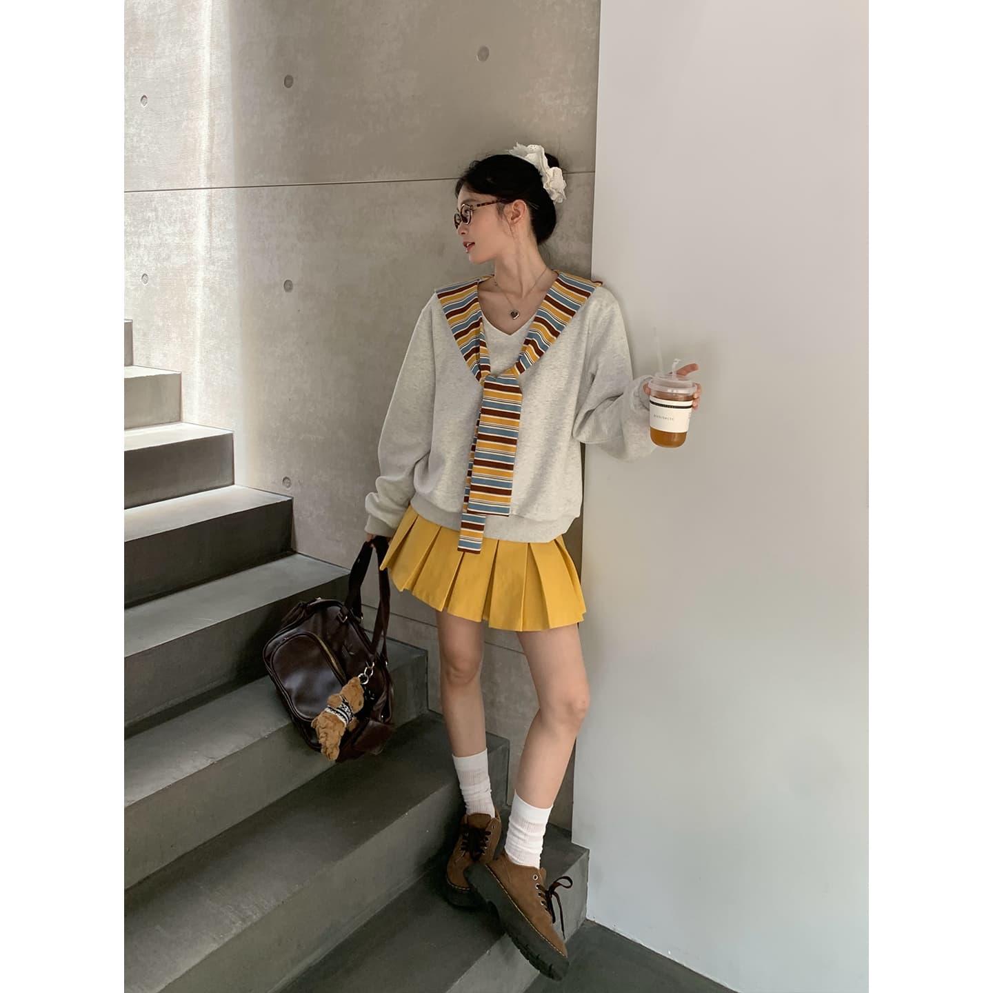 경관 그림 긴팔 티셔츠 후드티 여성 이른 봄 새로운 트렌디 스트라이프 숄 페이크 레이어드 루즈핏 V넥 한국 스타일 맨위 이미지 3