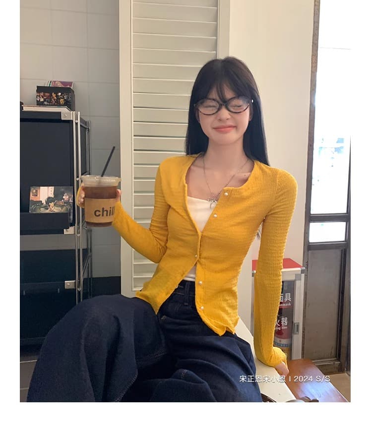 경관 그림 오픈 가디건 짧은 외투 여성 긴 소매 티셔츠 2025 이른 봄 새로운 얇은 라운드 넥 쇼트 스타일 몸매 가꾸기 기본 셔츠 맨위 상세 이미지 24