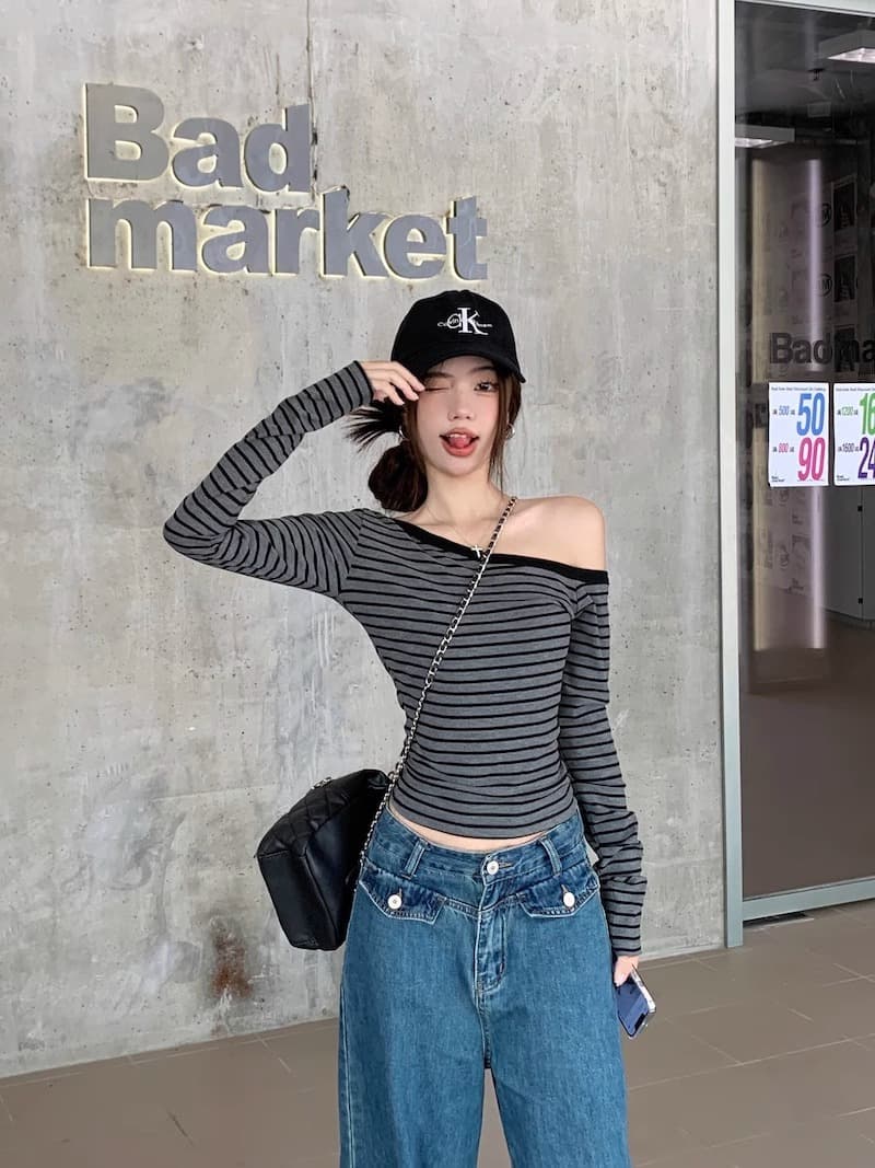 경관 그림 2 2 리브 260 그램 긴팔 티셔츠 여성 2026 봄 가을 얇은 스트라이프 몸매 가꾸기 오프숄더 칼라 기본 셔츠 맨위 상세 이미지 20