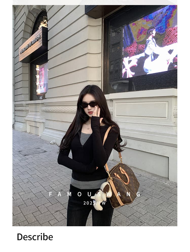 경관 그림 220 그램 부티크 양모 긴팔 티셔츠 기본 셔츠 얇은 배색 페이크 레이어드 몸매 가꾸기 세트 손가락 맨위 상세 이미지 7