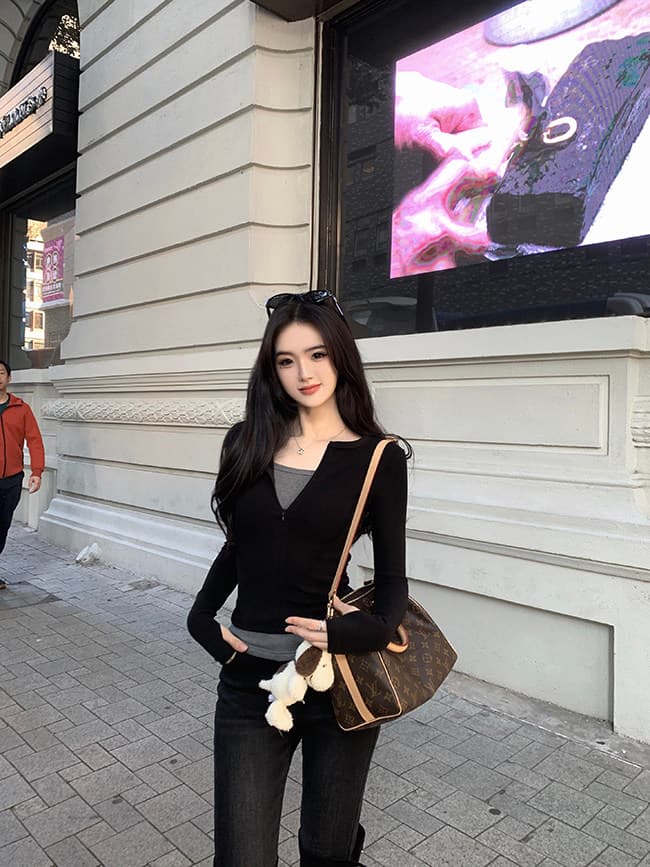 경관 그림 220 그램 부티크 양모 긴팔 티셔츠 기본 셔츠 얇은 배색 페이크 레이어드 몸매 가꾸기 세트 손가락 맨위 상세 이미지 9